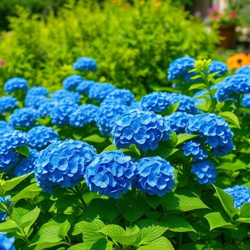 Jardim com hortênsias azuis